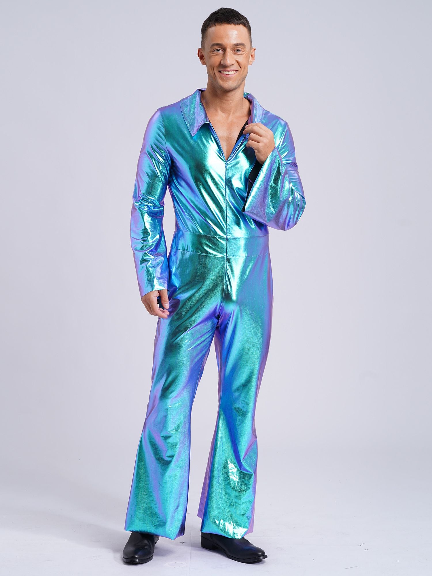 Men Bell Bottom Pants Jumpsuit Rompers Vintage 80s Disco Hippie Costume for Rock Jazz Dancewear Musical Theme Party Dress-up