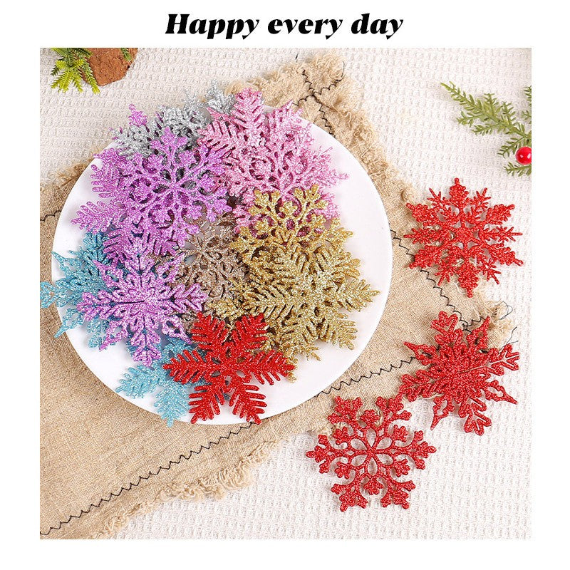 12PCS Pink Glitter Plastic Snowflake Decorations 10cm Christmas Tree Hollow Snowflake Pendants New Year Party Festival Supplies
