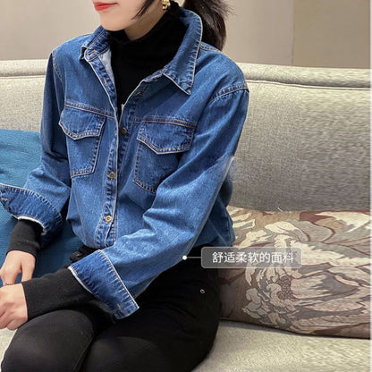 Korean Women Long Sleeve Jeans Shirt With Bottom Tops Coat Retro Style Female Spring Loose Cowboy Cardigan Blouse Denim  Jacket