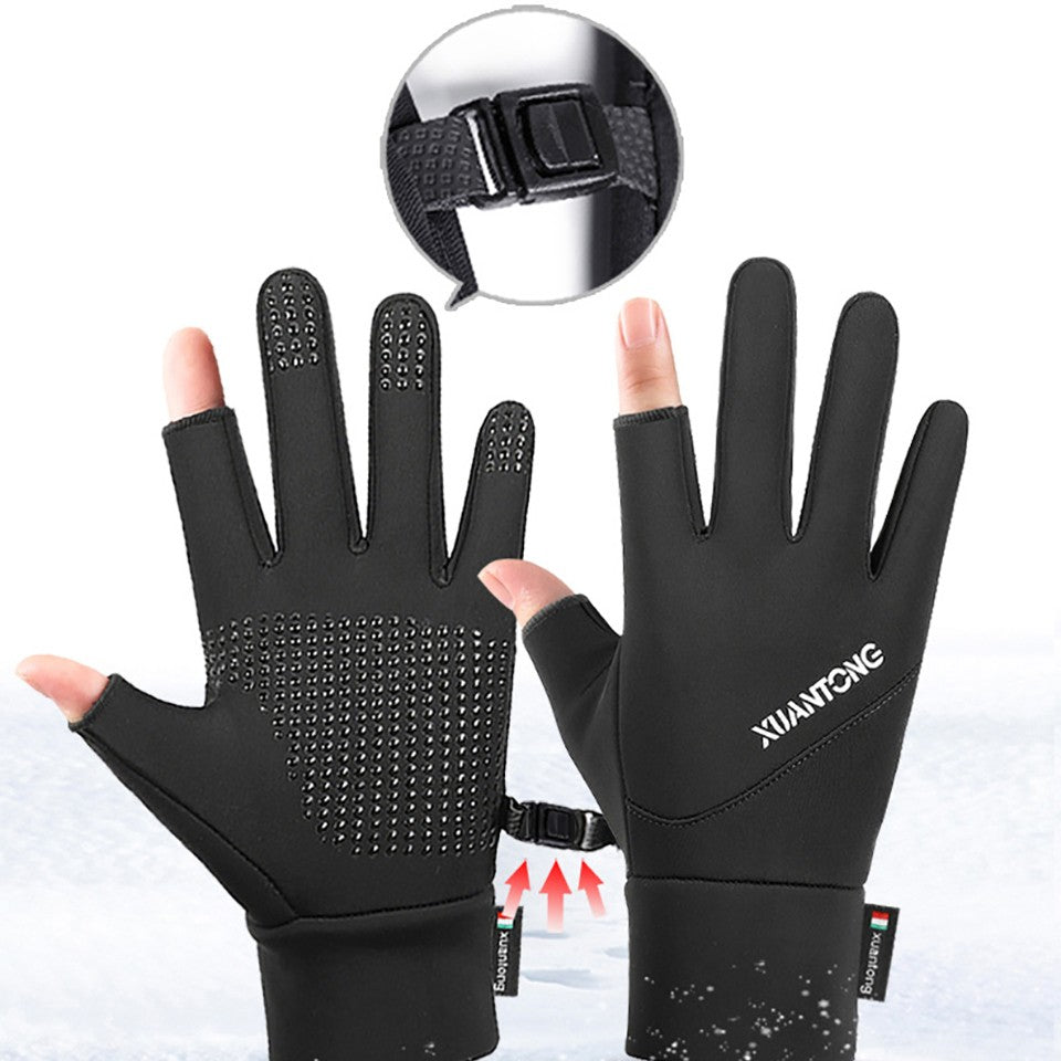 GOBYGO 1Par Luvas de Inverno com Forro de Lã para Aquecer, Luvas de Ciclismo Antiderrapantes de Silicone, Luvas de Pesca Touchscreen com Dois Dedos Expostos