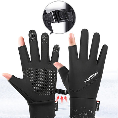GOBYGO 1Par Luvas de Inverno com Forro de Lã para Aquecer, Luvas de Ciclismo Antiderrapantes de Silicone, Luvas de Pesca Touchscreen com Dois Dedos Expostos