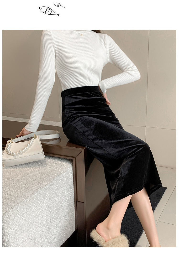 Elegant Velvet Black Long Skirts Women Autumn Winter High Waist Faldas Korean Fahion Clothing Office Ladies Bodycon Midi Skirt