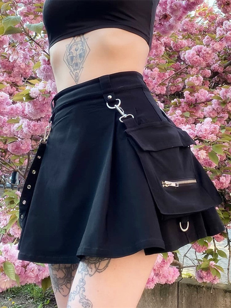 Plus Size Harajuku Punk Gothic Black High Waist Black Skirts Women Sexy Patchwork Bandage Mini Female Streetwear
