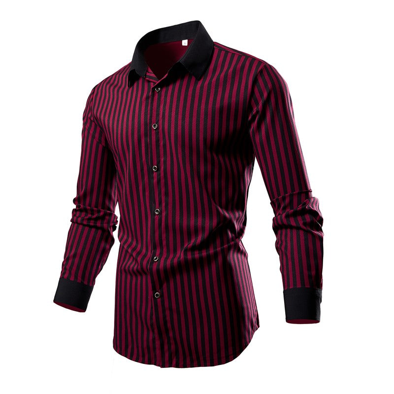 Men's White Vertical Stripe Long Sleeve Shirts, Single Breasted Lapel Shirt, Blue Gray Red Khaki Available, European Size S-XXL