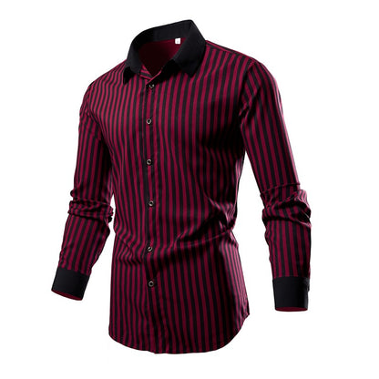 Men's White Vertical Stripe Long Sleeve Shirts, Single Breasted Lapel Shirt, Blue Gray Red Khaki Available, European Size S-XXL