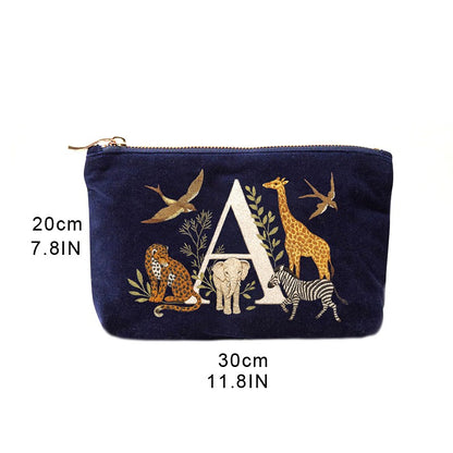 Velvet Clutch Makeup Bag Featuring Cute Animal Alphabet Print