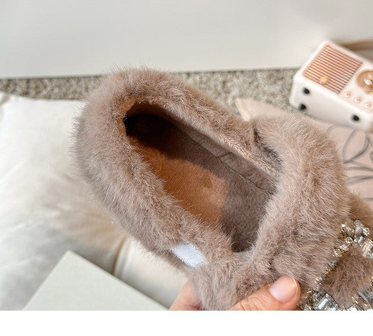 2025 Autumn Winter Children Warm Fur Shoes Fashion Rhinestone Moccasins Flats Outwear Girls Shoes Khaki, Beige, White