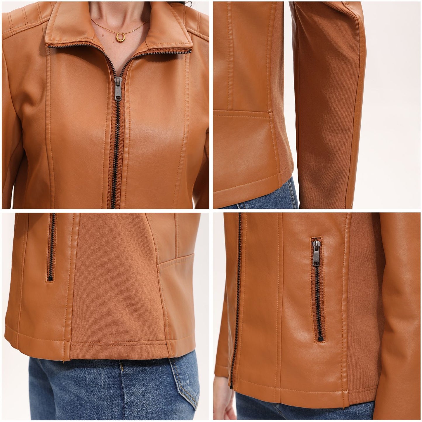 2025 Women’s Stylish Brown Faux Leather Jacket - Slim Fit, Trendy Moto Style with Zipper Detail PU Coat.