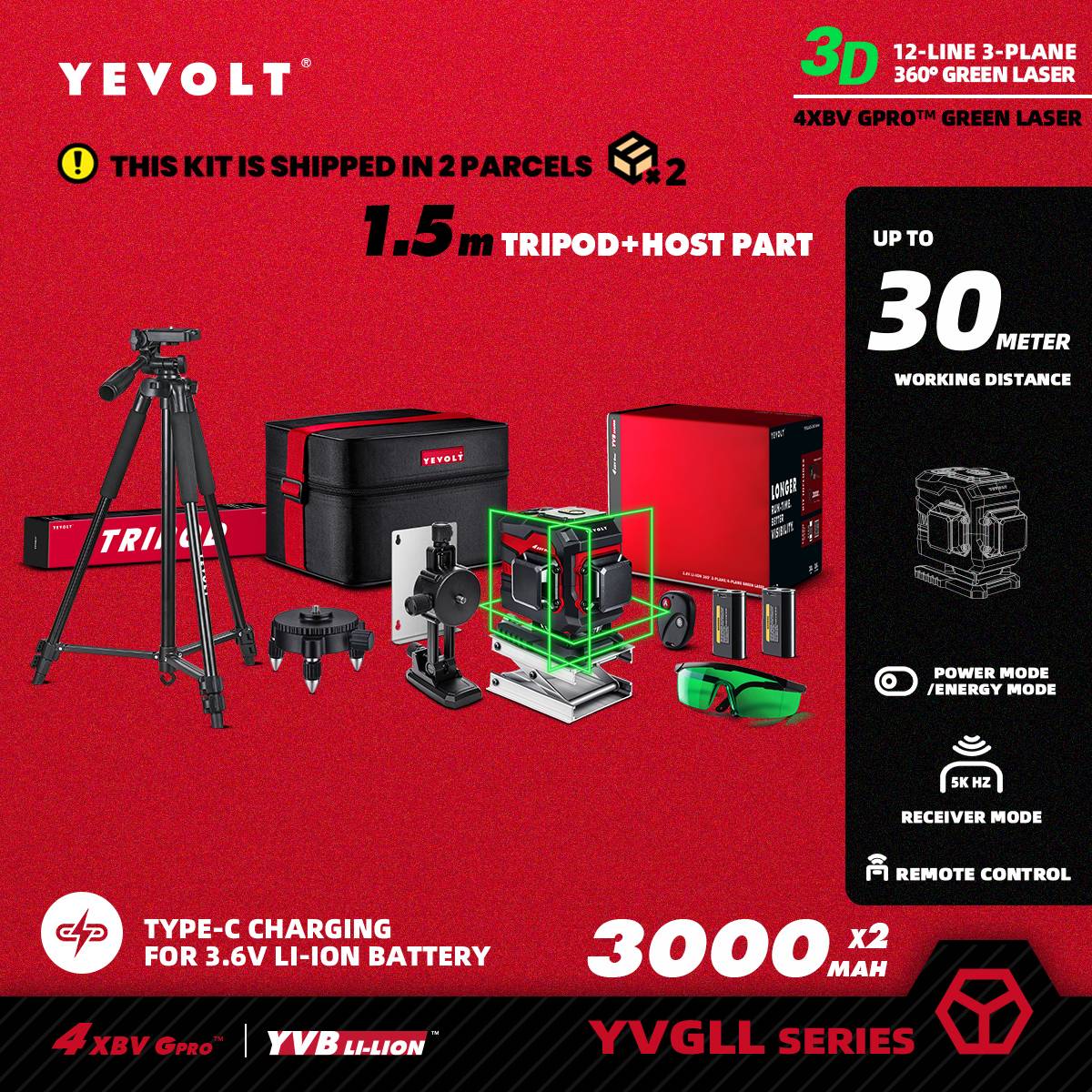 Nível a Laser Verde YEVOLT Série YVGLL4XS12T 3 Planos 12 Linhas Autonivelante 360 3D Horizontal & Vertical Ferramentas de Medição de Energia