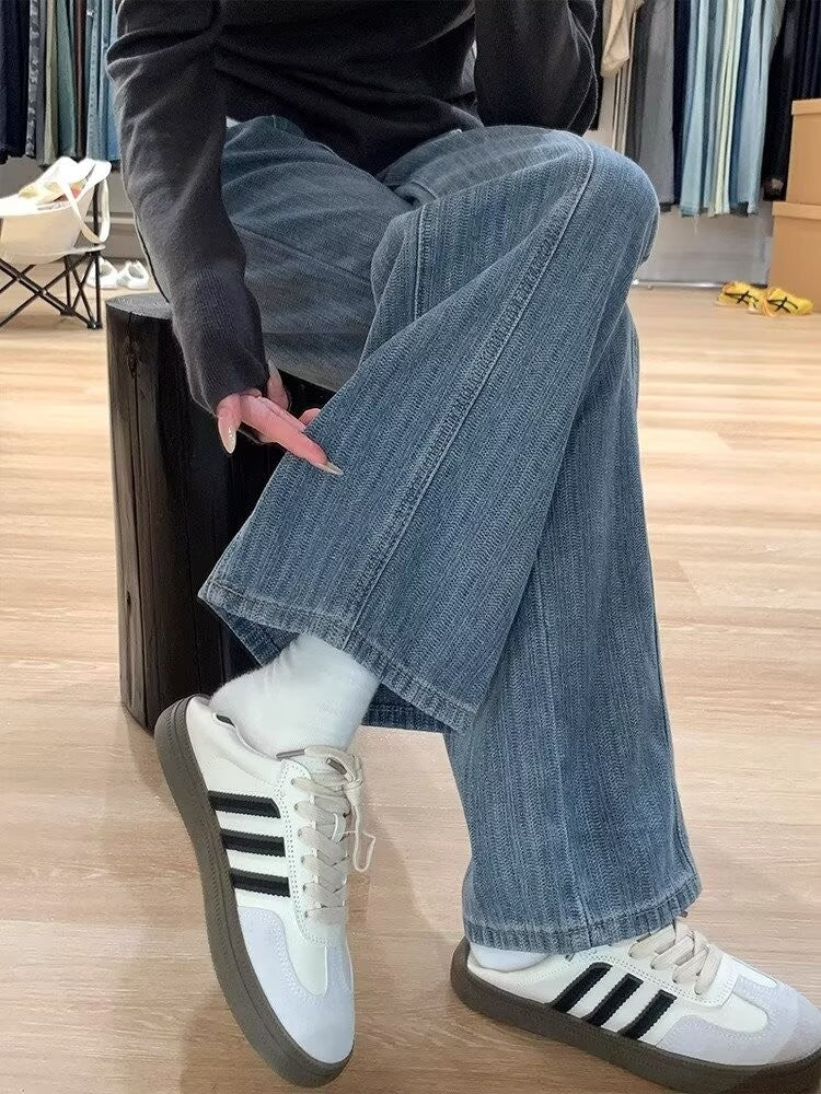 Retro Textured Wide Leg Denim Jeans Loose Drapey Straight Long Trousers for Women High Waist Casual Sle Spring Season