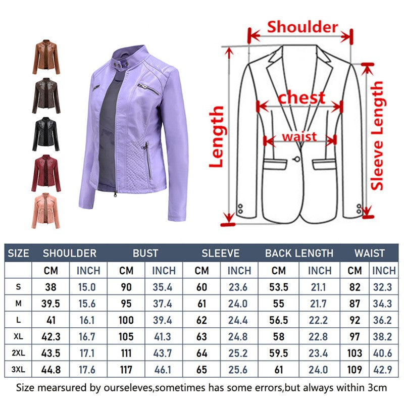 2025 Autumn Women's Black Moto Biker Zipper Jacket, Red Apricot Coffee PU Coat, Light Purple Outerwear.