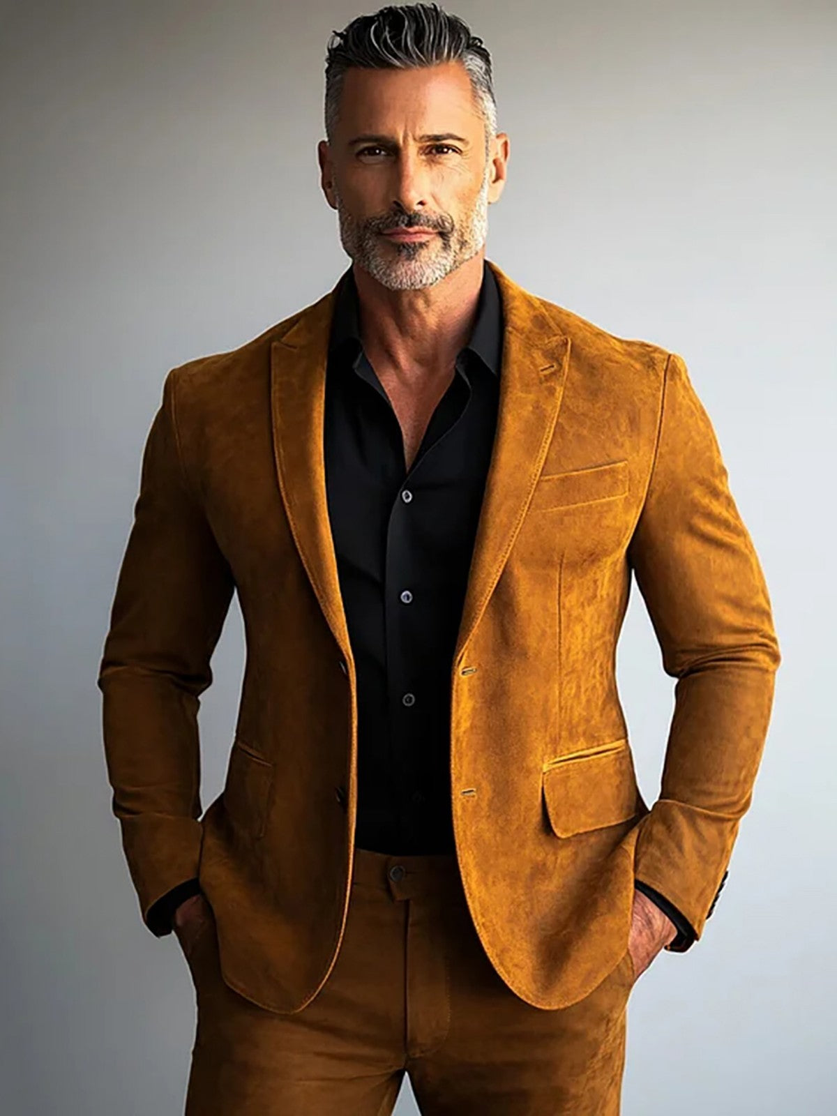 Men Suede Leather Suit Blazer Khaki Formal Single-Breasted Long Sleeve Lapel Multiple Pocket Business Office Party Blazer Jacket