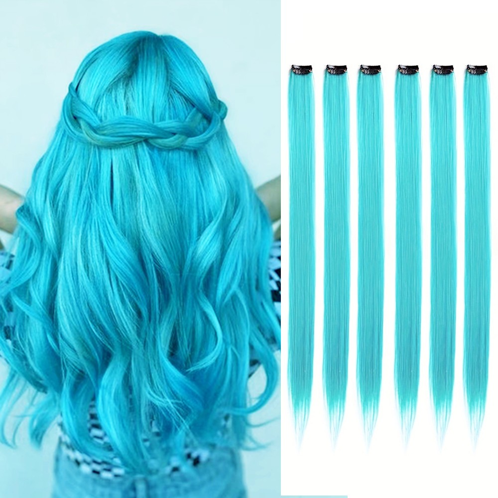 Clip in Hair Extensions Colored Party Highlights 22 inches 6pcs/pack Multi-colors Straight Hair Synthetic Hairpieces Royal Blue