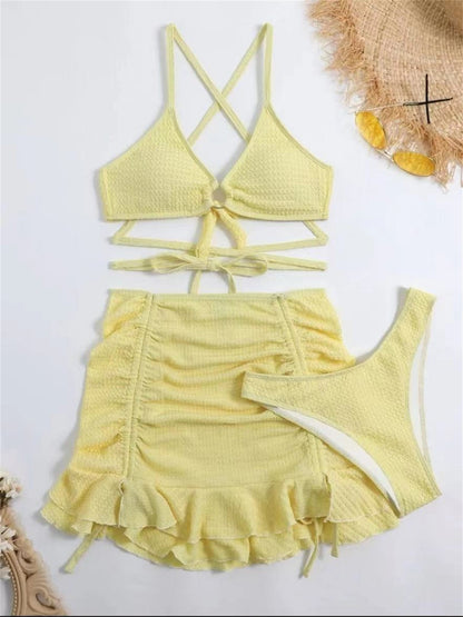 Sexy Yellow Bikini Women Solid Halter Ring Linked Criss Cross Cover Up 3 Piece Swimsuit 2025 Bathing Suit Ruffles Skirt Swimwear