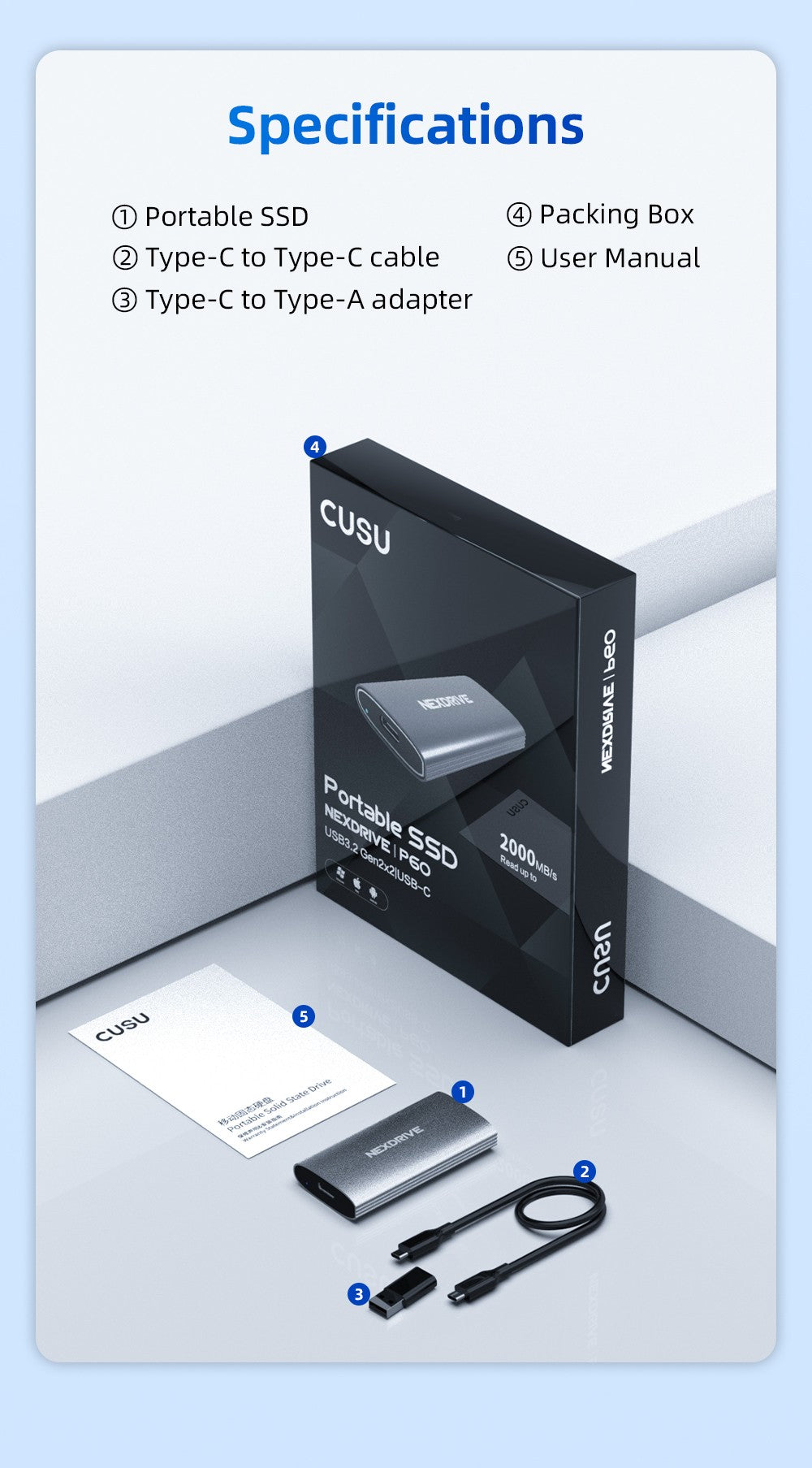 CUSU 1TB External SSD Drive 512GB Portable SSD 256GB 2TB Solid State Drive Type-C for Phone Laptop