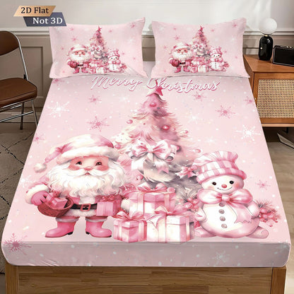 3pcs pink Christmas snowman print coreless bed sheet set multiple sizes bed covers bedroom bedding decorations machine washable
