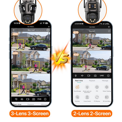 Câmera IP WIFI de Três Telas Externa 4K Lente Dupla Câmera PTZ Detecção Humana por IA Câmera de Segurança de Vídeo CCTV IP66 à Prova D'água iCsee