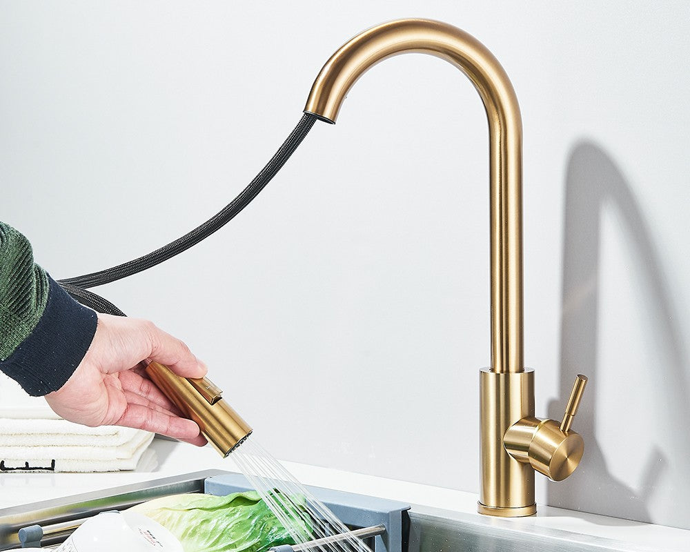 Torneira Misturadora de Cozinha Monocomando Quente e Frio com Bico Extensível e Duas Funções, Montada na Bancada