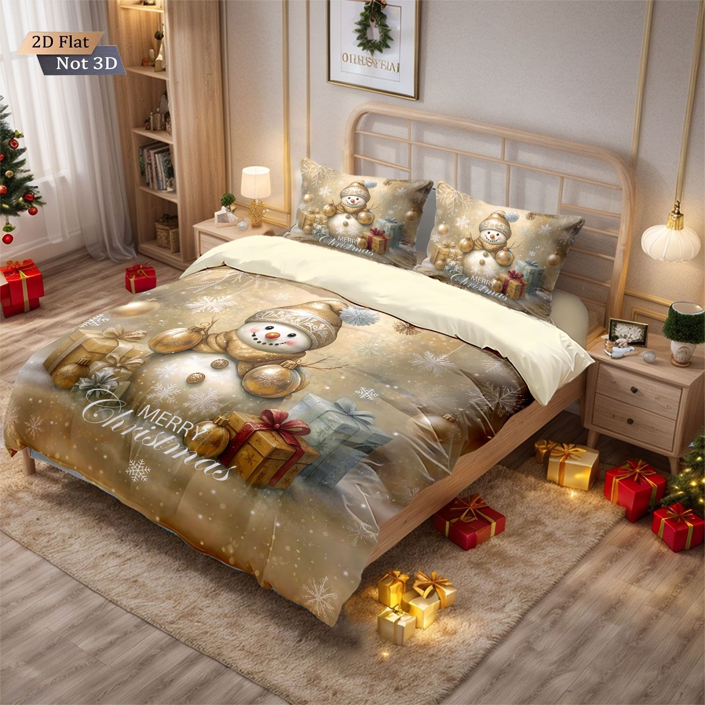 3pcs Golden Christmas Snowman Printed Chipless Bedding Set Soft Dormitory Bedroom Multiple Sizes Machine Washable