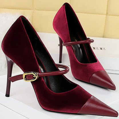 Korean Version Party 10cm 7cm High Heels Women Shoes Thin Heels Velvet Shallow Montage Pointed Toe Metal One-line Buckle Pumps