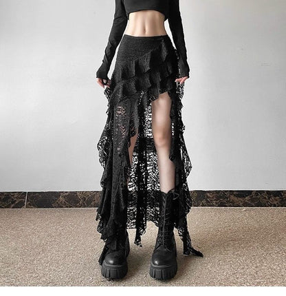 Gothic Skirt 2000s Summer Women's Clothes Gyaru Kpop Streetwear Lace High Waist Casual Aesthetic Long Skrit Femme Hip Hop Skirts