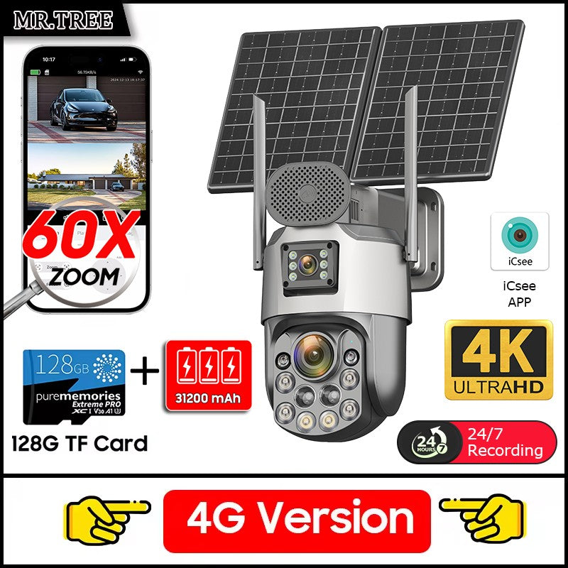 Câmeras de segurança solares externas 4K, 4G SIM, 2 lentes/tela, zoom óptico de 60x, rastreamento automático, PTZ 360°, câmera IP para vigilância residencial
