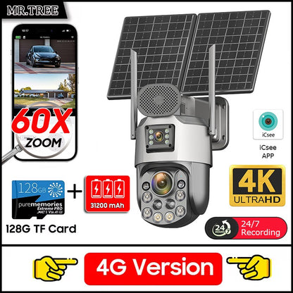 Câmeras de segurança solares externas 4K, 4G SIM, 2 lentes/tela, zoom óptico de 60x, rastreamento automático, PTZ 360°, câmera IP para vigilância residencial