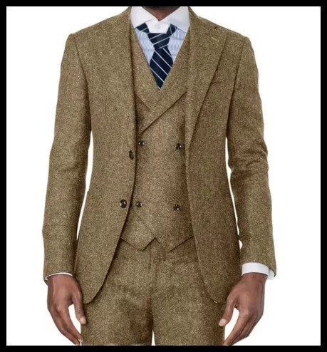 3 Pieces Green Wool Tweed Herringbone Business Retro Classic PatternTuxedos For Wedding Blazer Pants Vest