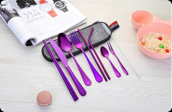 Conjunto de Talheres de Aço Inoxidável, Portátil, Faca, Garfo, Colher, Hashi, Canudo, Ocidental, Presente de Viagem, Conjunto de 9 Peças