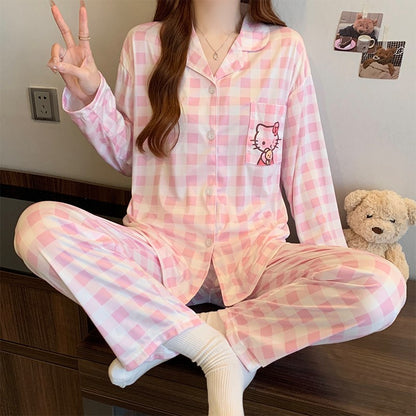 Hello Kitty and Plaid Pajama Set for Women Winter Checked Sleepwear Long Sleeve Home Outfit Autumn Loungewear Korean Fashion