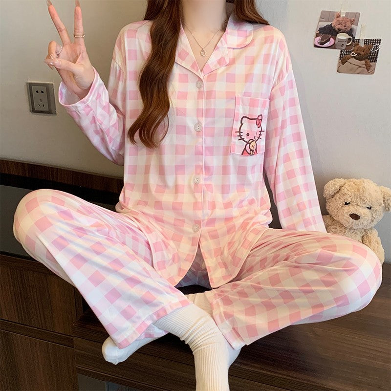 Hello Kitty and Plaid Pajama Set for Women Winter Checked Sleepwear Long Sleeve Home Outfit Autumn Loungewear Korean Fashion