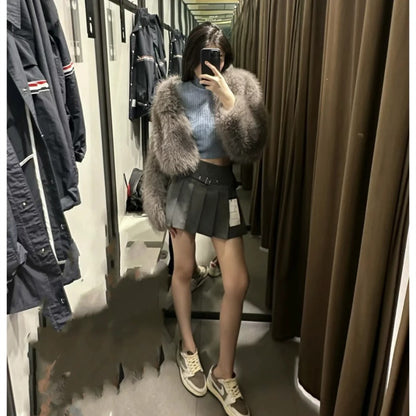 Faux fur jacket Traf   Fall/Winter New Fashion Women's Faux Fur Effect Round Neck Long Sleeve Short Jacket 2025