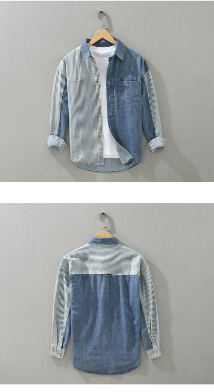 New Men's Denim Shirts Spring Streetwear Long Sleeve Jean Tops Slim Stripe Patchwork Design Cowboy Shirt Youth Fashion Overshirt