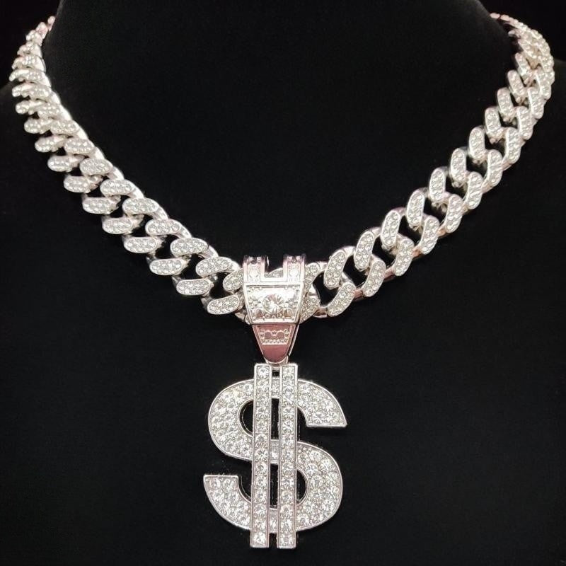 Colar com pingente de dólar hip-hop para homens e mulheres com corrente cubana de 13 mm, pingentes hip-hop cravejados, colares de joias modernas punk, presentes