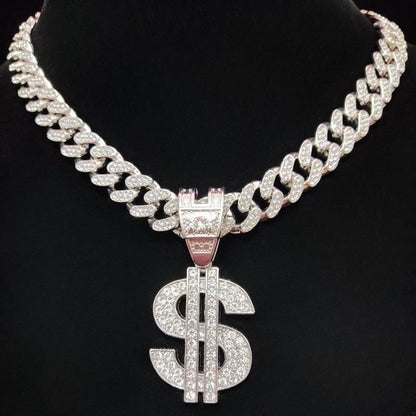 Colar com pingente de dólar hip-hop para homens e mulheres com corrente cubana de 13 mm, pingentes hip-hop cravejados, colares de joias modernas punk, presentes