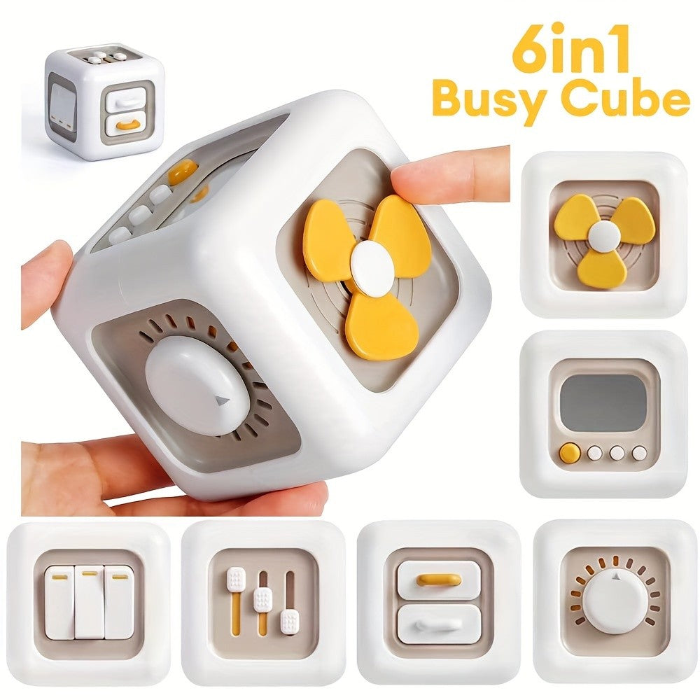 6-in-1 Busy Cube Toy for Baby - Enhances Fine Motor Skills & Early Learning, White with Yellow Accents, Montessori Puzzle Toy