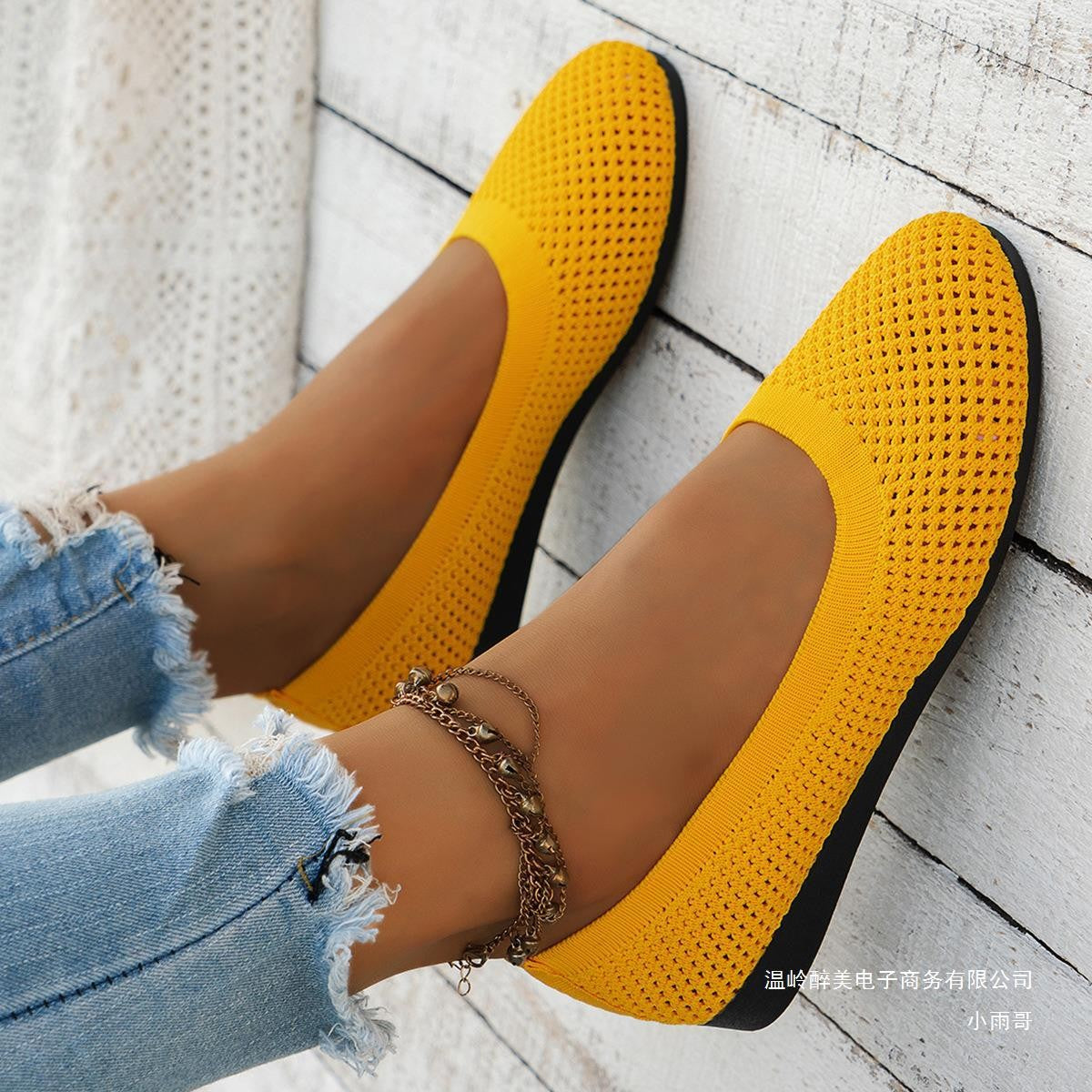 Cross-Border New Solid Color Round Toe Feizhi Flat Ballet Flats Women Casual Breathable Knit Slip-On Work Shoes