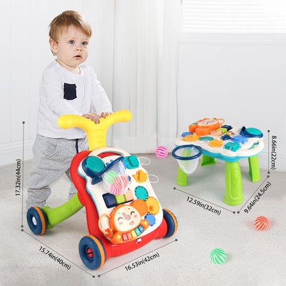 Baby Cartoon Push Walker Toy with Music Drawing Board Multifunction Activity Learning Walk Toddler Walker for 6-15 Months Infant