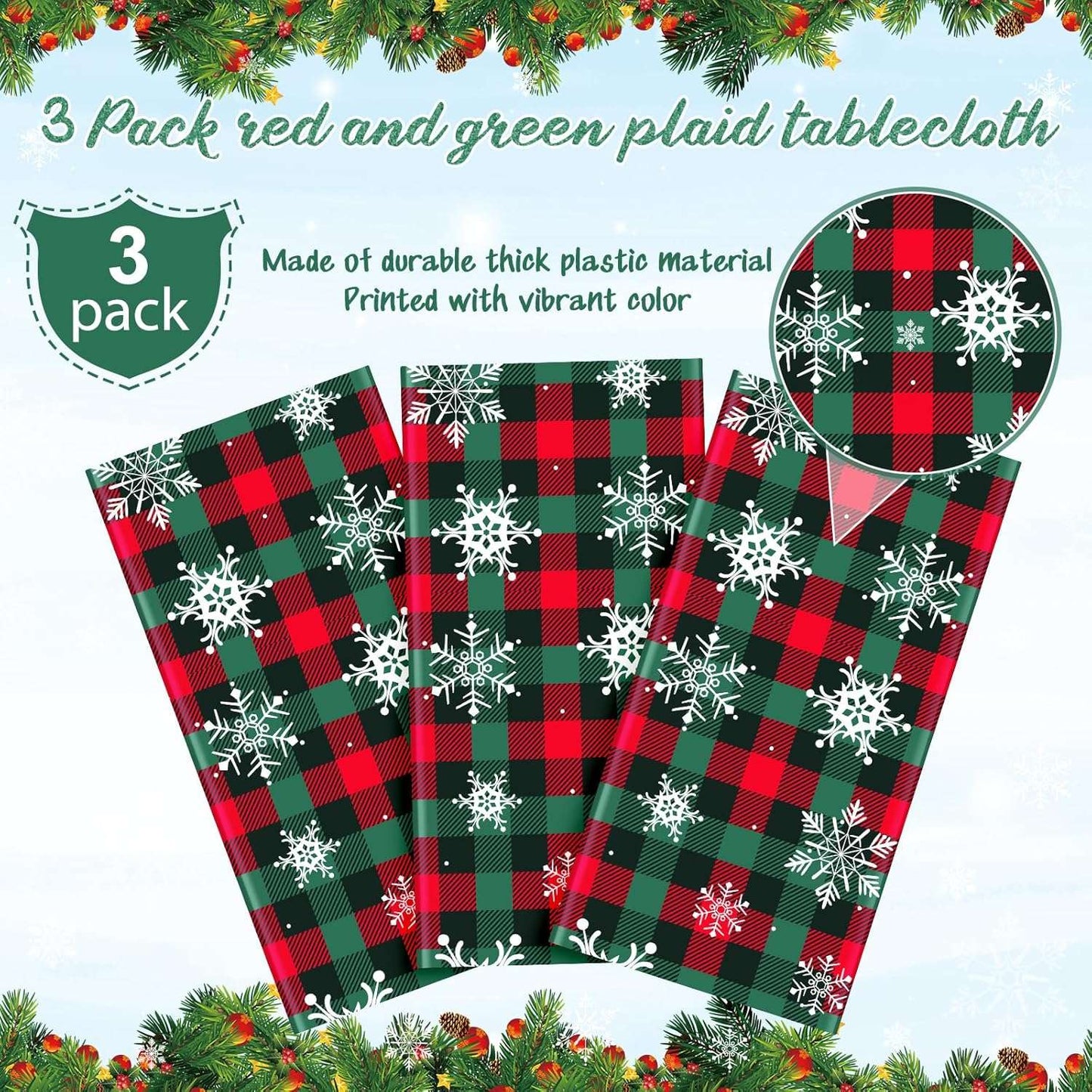 3PCS/Set Disposable Christmas Snowflake Tablecloth Plastic Red Green Buffalo Plaid Table Cover for Christmas Holiday Party Decor
