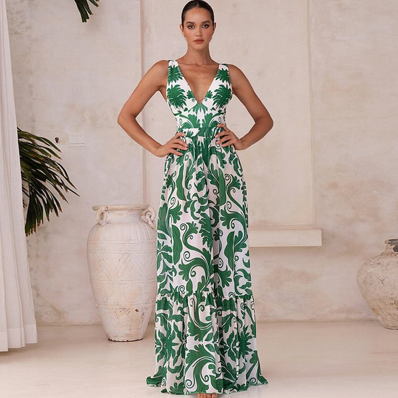 Flaxmaker Women Sexy Deep V Neck Printed One-piece Swimsuit and Pants Sets Swimwear Monokini Girl Beach Bathing Suits Beachwear