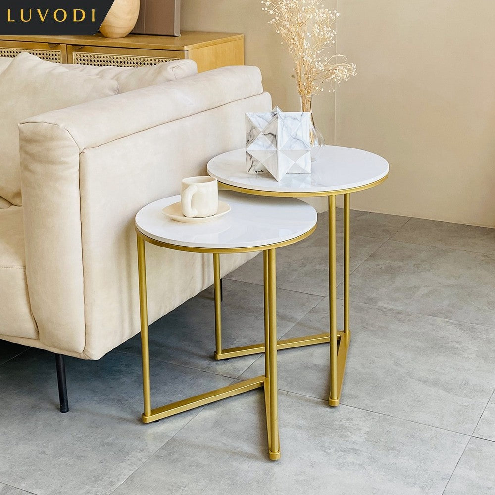 LUVODI Set of 2 Nesting Coffee Side Table Modern Accent End Table Metal Frame Round Sintered Stone Table Top for Living Room