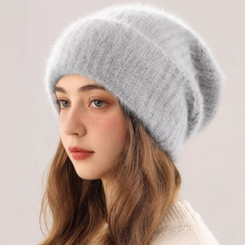 Angora Rabbit Fur Beanies Women's Warm Fluffy Knitted Slouchy Beanie Hat Female Soft Oversize Thermal Hats Autumn Winter