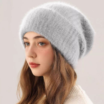 Angora Rabbit Fur Beanies Women's Warm Fluffy Knitted Slouchy Beanie Hat Female Soft Oversize Thermal Hats Autumn Winter