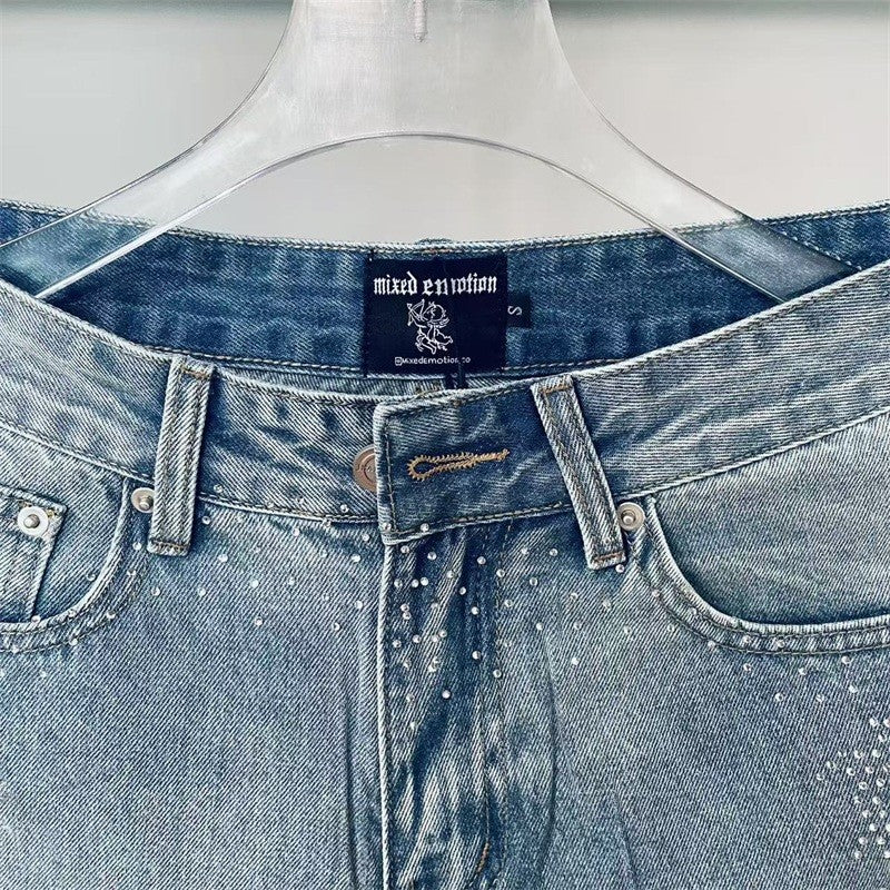 Calça Jeans Masculina Blue Washed MIXED EMOTION Hot Drill Letter Retrô Americana Calça Jeans Feminina Mixed Emotion