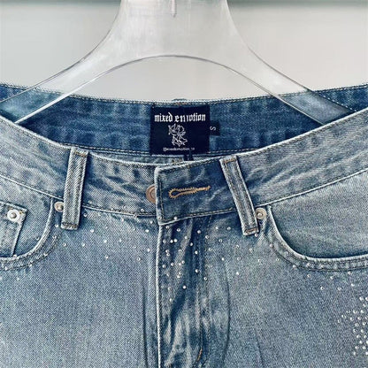 Calça Jeans Masculina Blue Washed MIXED EMOTION Hot Drill Letter Retrô Americana Calça Jeans Feminina Mixed Emotion