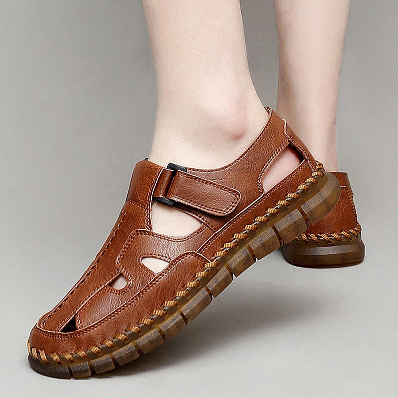 Mens Handmade Casual Leather Sandals Classic Men Beach Shoes Summer Outdoor Walking Male Sneaker Breathable Man Hollow Out Flats