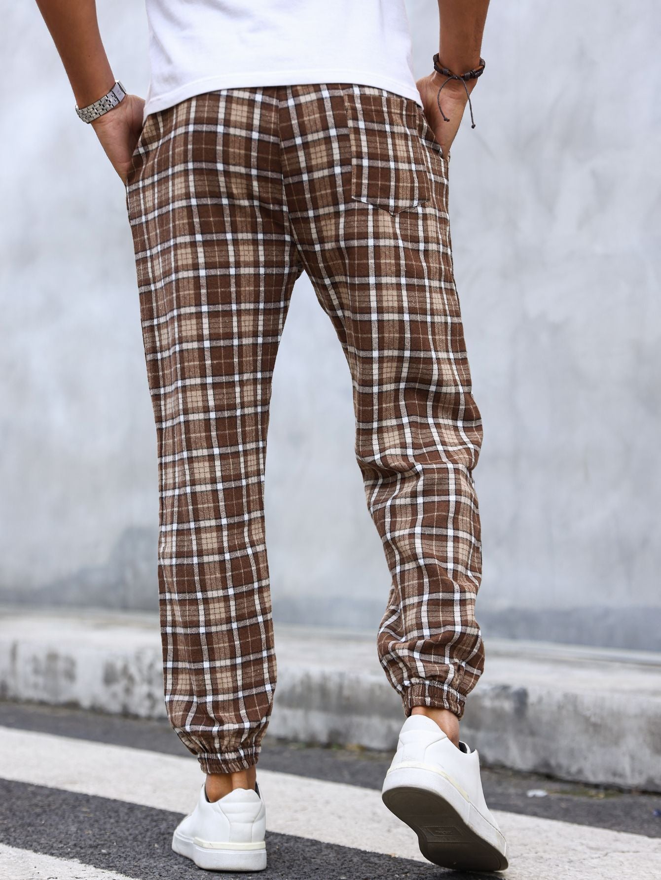 Calças Masculinas Xadrez com Punho Calças de Pijama Confortáveis para Estilo Relaxado