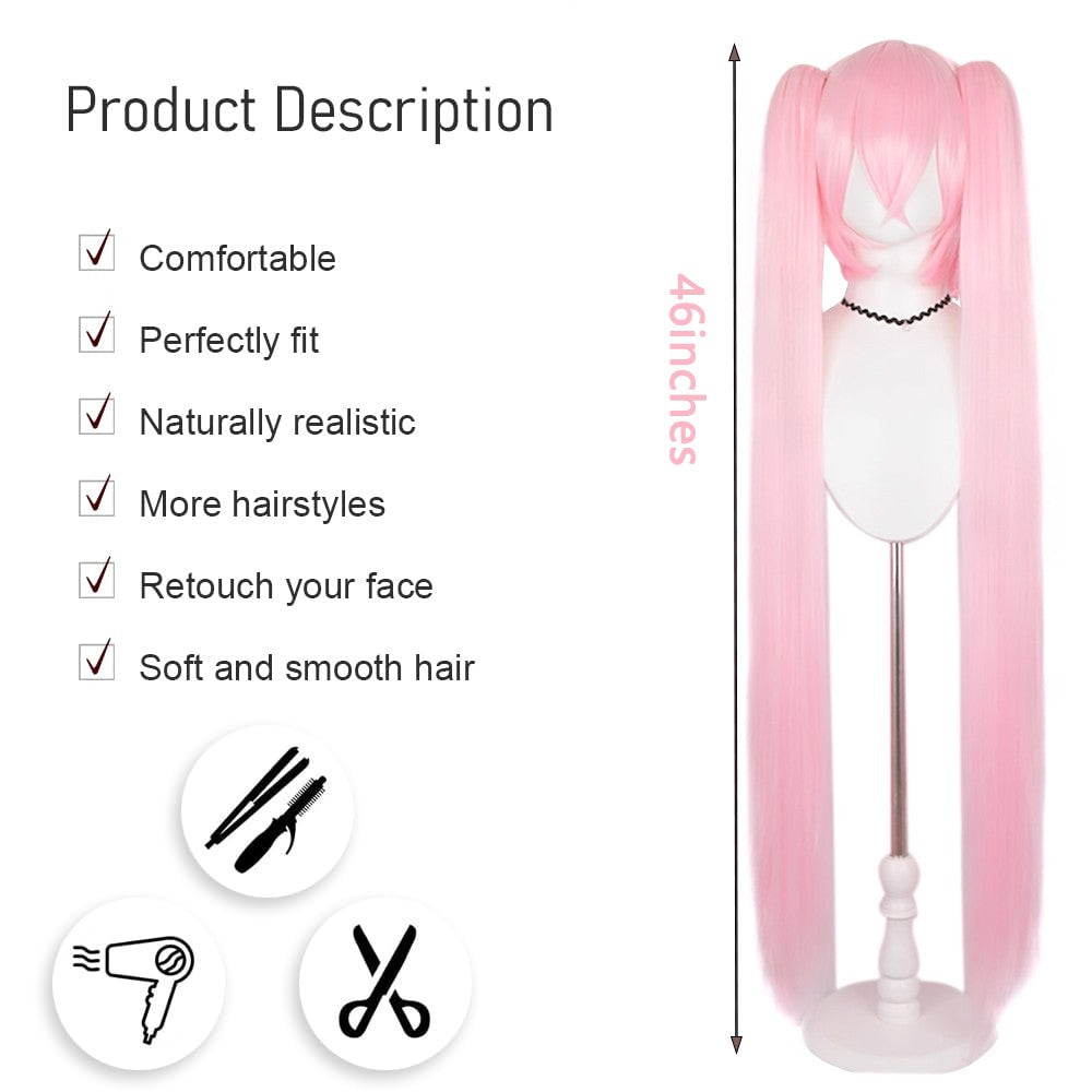 High-Quality Miku Anime Cosplay Synthetic Hair 46-Inch Detachable Double Ponytail Halloween Carnival Daily Party Wig Nature