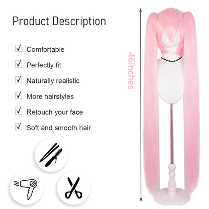 High-Quality Miku Anime Cosplay Synthetic Hair 46-Inch Detachable Double Ponytail Halloween Carnival Daily Party Wig Nature