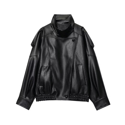 2025 autumn new women's casual fashion simple long sleeved faux leather long sleeved stand up collar leather jacket